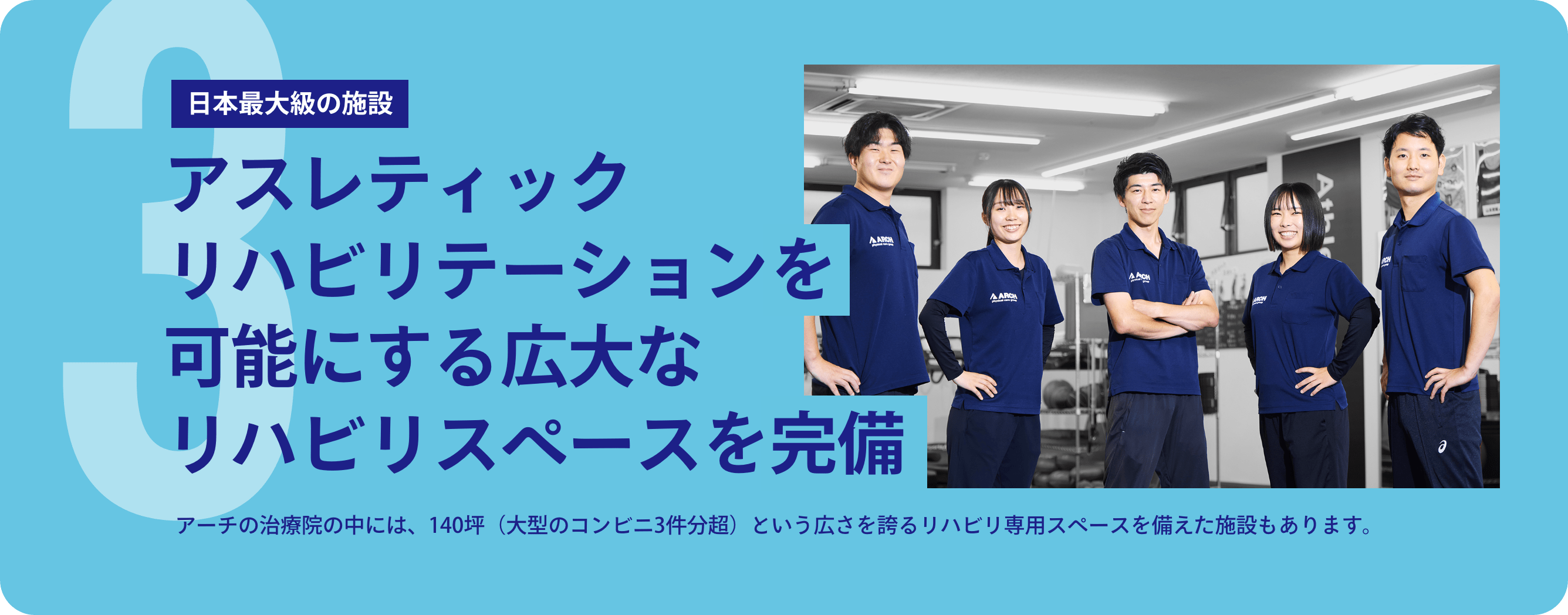 アスレティックリハビリテーションを可能にする広大なリハビリスペースを完備